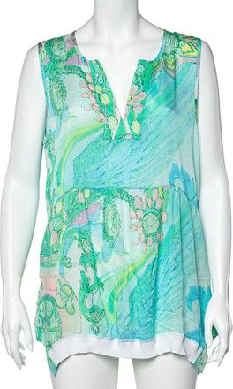 Roberto Cavalli Blue Printed Silk Rib Knit Trim Detailed Top