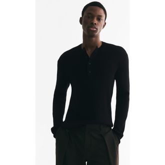 H&M Slim-fit Ribbed Henley Shirt in Black at Nordstrom, Size X-Large