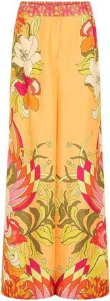 Camilla Oranje Bloemen Zijden Wijde Pijp Broek - Dames - Wijde Broeken - Oranje - M - Broeken