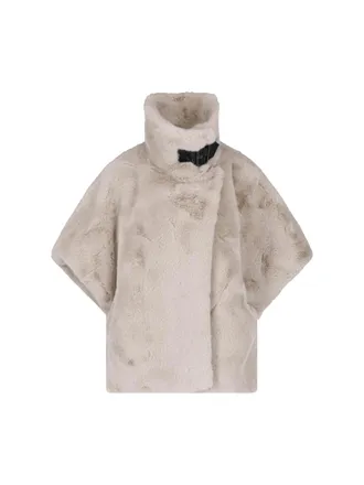 Pinko Beige Belted High Collar Faux Fur Jacket