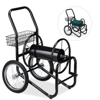 Relaxdays Carro Para Manguera De Regar, Carrete Port&aacute;til Para Jard&iacute;n, Con 2 Ruedas, Hasta 90 M, Metal, 1 Ud., Negro - Relaxdays