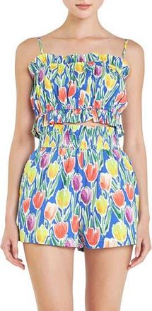 English Factory Tulip Print Ruffle Cotton Crop Top in Blue Multi at Nordstrom Rack, Size X-Small