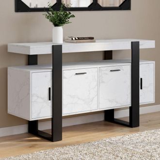 IDMarket Idmarket - Aparador Phoenix 4 Puertas 140 Cm Con M&aacute;rmol Blanco Alaska Y Efecto Negro