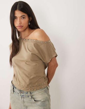 Motel Damaria - Top kaki con spalle scoperte e borchie-Verde
