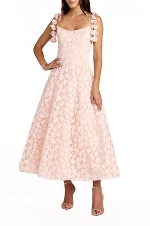 Mac Duggal Floral Net Tie Strap Scoop Neck A Line Midi Dress in Blossom Pink at Nordstrom, Size 14