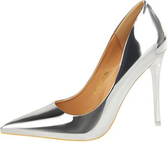 Generic Womens Pointed Toe Stiletto Heels with Metallic Gloss Slip-on for Elegant Party or Night Out,Silver,4.5 UK