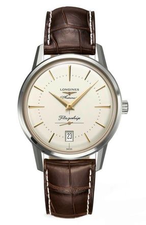 Longines Heritage Flagship Automatic Leather Strap Watch, 38.5mm in Silver at Nordstrom
