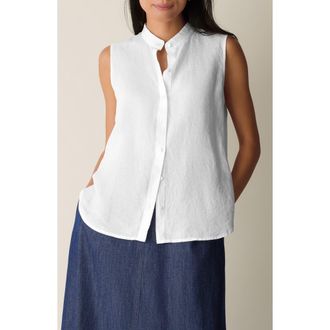 Eileen Fisher Sleeveless Linen Mandarin Collar Button-Up Shirt in White at Nordstrom, Size Xx-Small