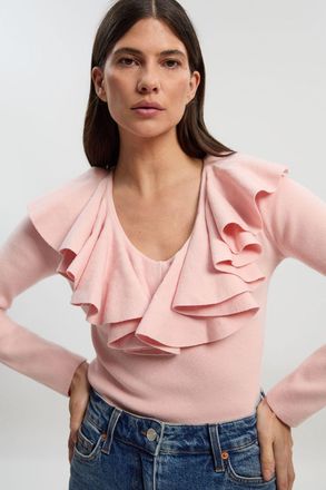 Karen Millen Womens Compact Wool Look Ruffle V Neck Knit Top - Light Pink Viscose - Size X-Small