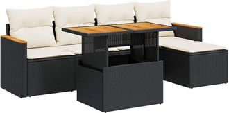 vidaXL 6 Piece Garden Sofa Set with Cushions Black Poly Rattan Acacia Vidaxl