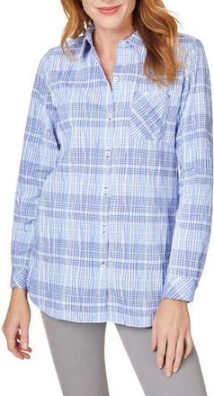 Foxcroft Germaine Plaid Non-Iron Button-Up Tunic Shirt in Iris Bloom at Nordstrom Rack, Size 10