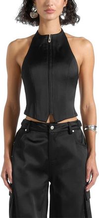 Mani&egrave;re De Voir Claudette Satin Halterneck Backless Top in Black at Nordstrom, Size 12