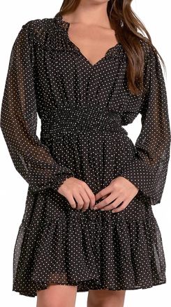 Elan Long Sleeve Gathered Neck Mini Dress In Black Polka Dot