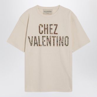 Valentino Garavani Ivory Cotton T Shirt With Chez Valentino Floral Motif