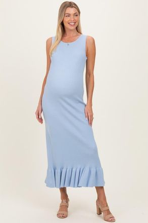 Pinkblush Ribbed Knit Sleeveless Ruffle Hem Maxi Dress in Light Blue at Nordstrom, Size Medium