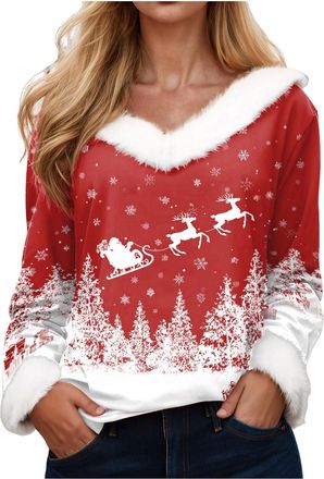 Generic Ladies Christmas Jumpers UK Xmas Long Sleeve Tops V Neck T Shirts Sexy Santa Fur Trim Pullover Sweater Christmas Sweatshirts for Women UK Ladies Tops 