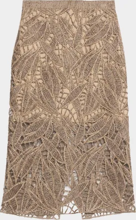 Brunello Cucinelli Leaf-Pattern Openwork Midi Skirt