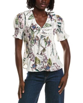 T Tahari Short Gathered Sleeve Ruffle Top