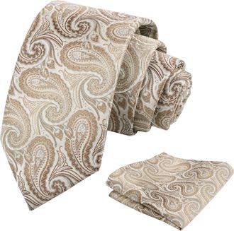 Alizeal Mens Paisley Jacquard Necktie and Pocket Square Classic Retro Business Casual Tie Set, Khaki