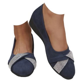 Generic Womens Lightweight Fashion Rhinestone Wedge Shoes, Comfortable Arch Support Wedge Slip-On Shoes Round Toe Low Heel Pump (Blue,5.5)