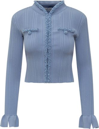 Self Portrait Fitted Ribbed Knit Cardigan with Pearl Embellishments