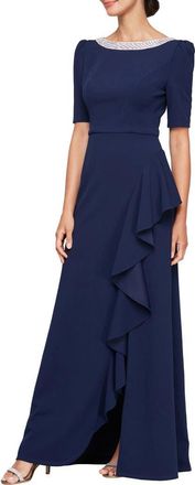 Alex Evenings Embellished Neck Ruffle Gown in Navy at Nordstrom, Size 14