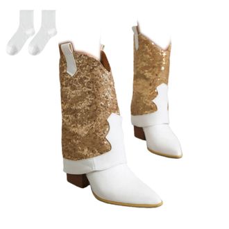 Generic Womens Western Ankle Boots with Low Block Heel, Fashionable Mid-Calf Boots with Pointed Toe Design And Glitter Sequins, Comfortable Slip-On Boots for 