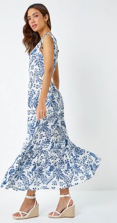 Roman Floral Print Shirred Waist Maxi Dress
