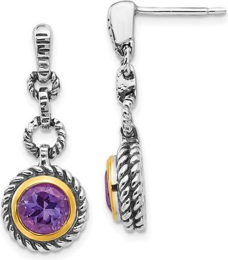 Diamond2Deal Sterling Silver Gold-tone Flash Gold-plated Antiqued Round Bezel Amethyst Dangle Earrings