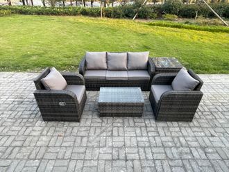 Fimous Outdoor Rattan Garden Furniture Set Patio Lounge Sofa Set with Reclining Chair Rectangular Coffee Table Side Table in Dark Grey
