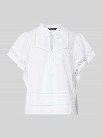 Oui Regular Fit Bluse mit Schn&uuml;rung und Lochstickerei in Weiss, Gr&ouml;&szlig;e 34