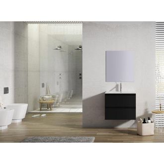 Adema Chaci Badkamermeubelset - 60x46x57cm - 1 ovale keramische wasbak wit - 1 kraangat - 2 lades - rechthoekige spiegel - mat zwart