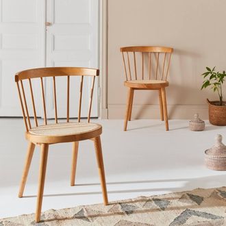 Sweeek Pair Of Wood & Cane Dining Chairs in Light Brown