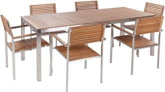 Beliani Modern Outdoor Garden Stainless Steel Certified Teak Wood Dining Set 6 Seater Light and Steel Viareggio ii