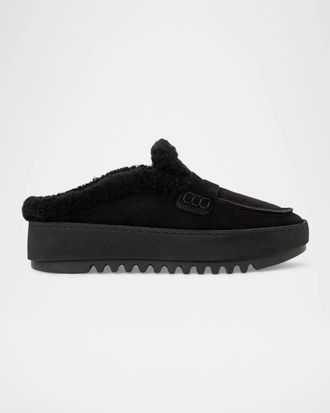 Aquatalia Amata Shearling-Lined Waterproof Suede Mules