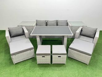 Fimous Patio Garden Furniture Sets with Black Glass Top Dining Table in Light Grey