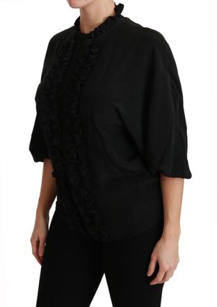 Dolce & Gabbana Womens Black Silk Shirt Ruffled Top Blouse