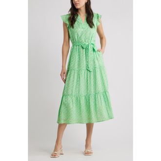 Caslon Print Ruffle Sleeve Tie Waist Midi Dress in Green- White Sunburst Geo at Nordstrom Rack, Size Xx-Large