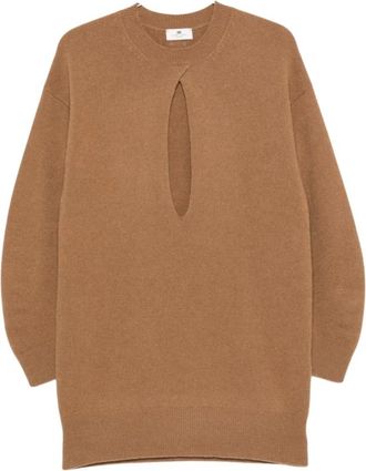 Elisabetta Franchi Gebreide Minijurk met Ronde Hals - Dames - Ronde hals truien - Bruin - M - Wol - Truien & Vesten