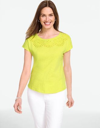 Talbots Plus Petite - Eyelet Seashell T-Shirt - Limeaide - 1X - 100% Cotton Talbots