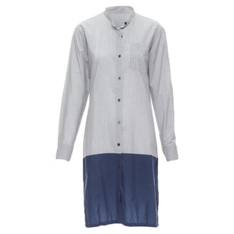 Dries Van Noten blue pinstripe cotton cupro hem long sleeve shirt dress FR34 XS