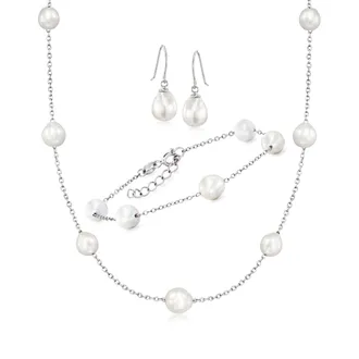 Ross-Simons 6-8mm Cultured Semi-Baroque Pearl Jewelry Set: Necklace, Bracelet and Drop Earrings in Sterling Silver