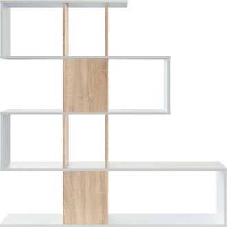 Dmora Libreria Ax, Scaffale da ufficio multiuso, Mobile biblioteca portalibri a 4 ripiani, 145x29h145 cm, Bianco lucido e Rovere - Dmora
