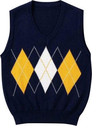 Generic Womens Argyle Geo Print Sweater Vest Preppy Style Womens Knitted Tank Top V Neck Sleeveless Jumper Striped Knitwear Soft Knitwear Pullover Waistcoat f