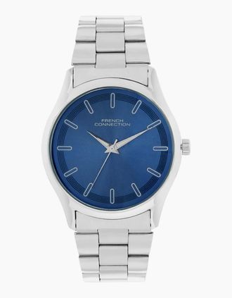 French Connection Mens Connection Silver Case Round Shape Silver Strap Quartz Watch - Navy - Size: ONE size