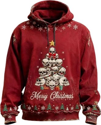 Generic Christmas Hoodie for Men, Horror Christmas Jumper with Hood and Pockets Skull Printed Ugly Xmas Jumper Sweaters Adults Novelty Long Sleeve Hooded Neck