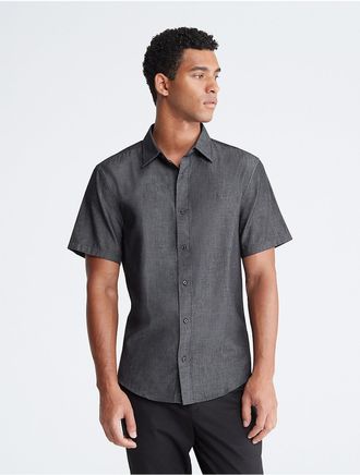 Calvin Klein Mens Chambray Classic Short Sleeve Button-Down Shirt - Black - XS