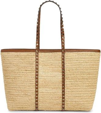 Valentino Garavani Rockstud Crochet Raffia Tote in Natural at Nordstrom