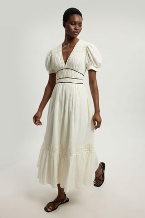 Karen Millen Womens Double Cloth Contrast Piping Midi Dress - White Cotton - Size 10 UK