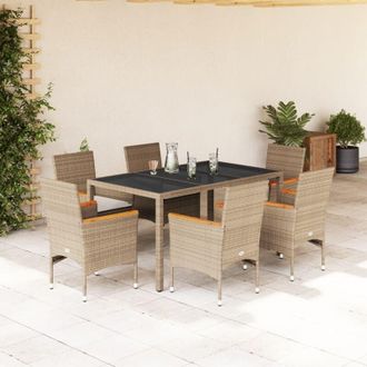 vidaXL Set Comedor Jard&iacute;n 7 Pzas Cojines Rat&aacute;n Sint&eacute;tico Vidrio Beige Vidaxl